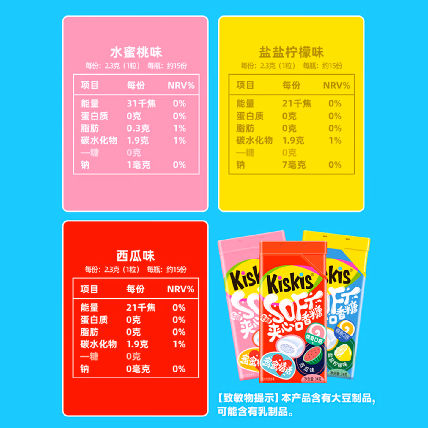 酷滋（Kiskis）口香糖无糖夹心木糖醇口腔清新口气泡泡糖接吻亲嘴约会糖果 【7盒】每个口味各1盒